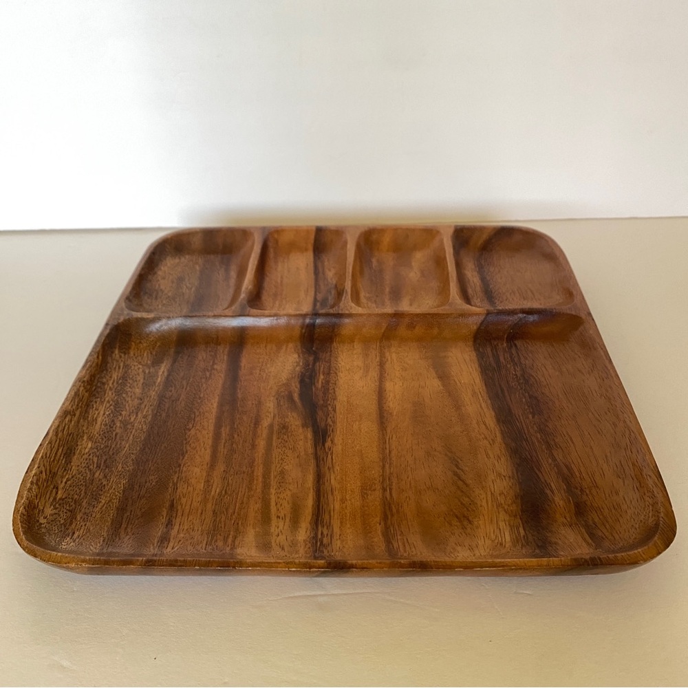 MCM Wood Organizer Serving Tray Decor Mid-Century Modern Brown Square Vintage